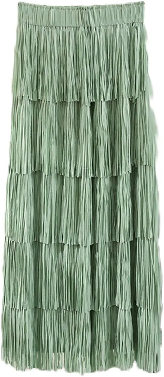 Women Fringe Skirt Solid Color High Waist Mesh Tiered Tassel Midi Skirts 2025 Fashion Elegant Vacation Beach Skorts