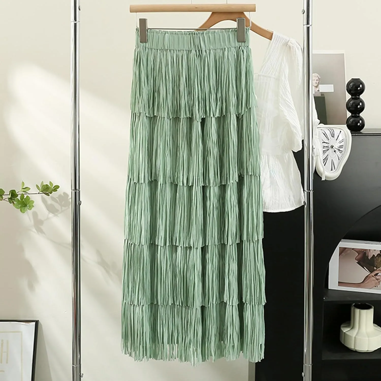 Women Fringe Skirt Solid Color High Waist Mesh Tiered Tassel Midi Skirts 2025 Fashion Elegant Vacation Beach Skorts