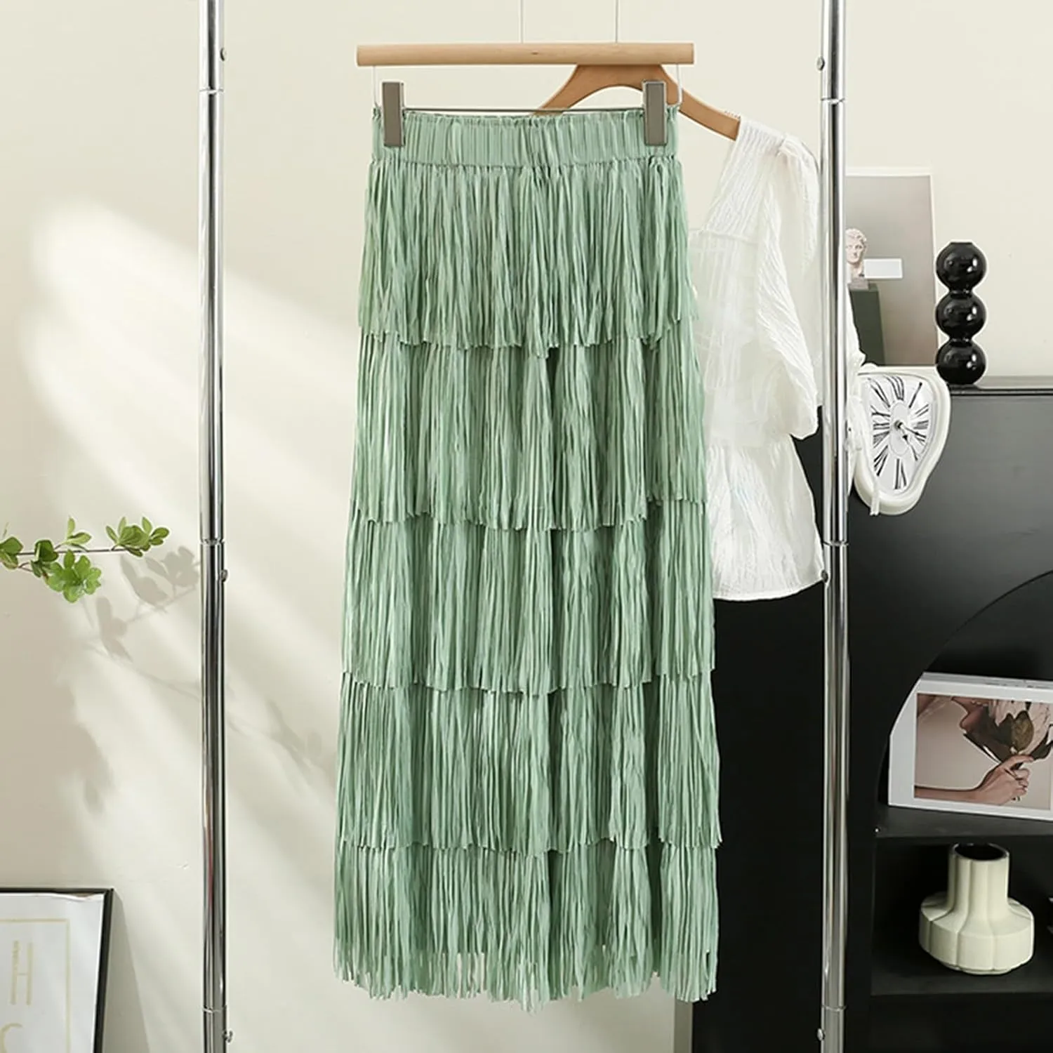 Women Fringe Skirt Solid Color High Waist Mesh Tiered Tassel Midi Skirts 2025 Fashion Elegant Vacation Beach Skorts