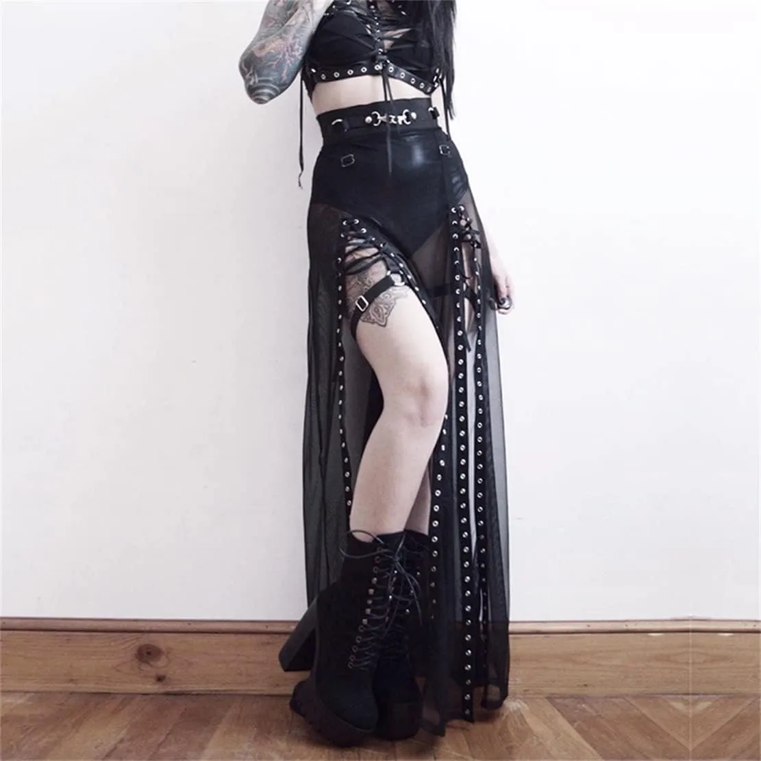 Women Gothic Mini Skirt Fairy Grunge Punk High Waisted A-Line Pleated Skirts Y2k E-Girl Long Maxi Skirt