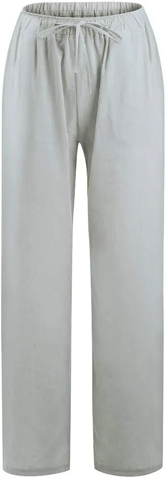 Women High Waist Baggy Wide Leg Pants Elastic Waist with Drawstring Summer Breathable Casual Pants with Pockets