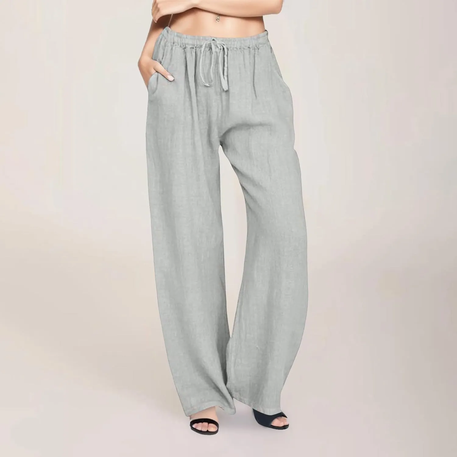 Women High Waist Baggy Wide Leg Pants Elastic Waist with Drawstring Summer Breathable Casual Pants with Pockets