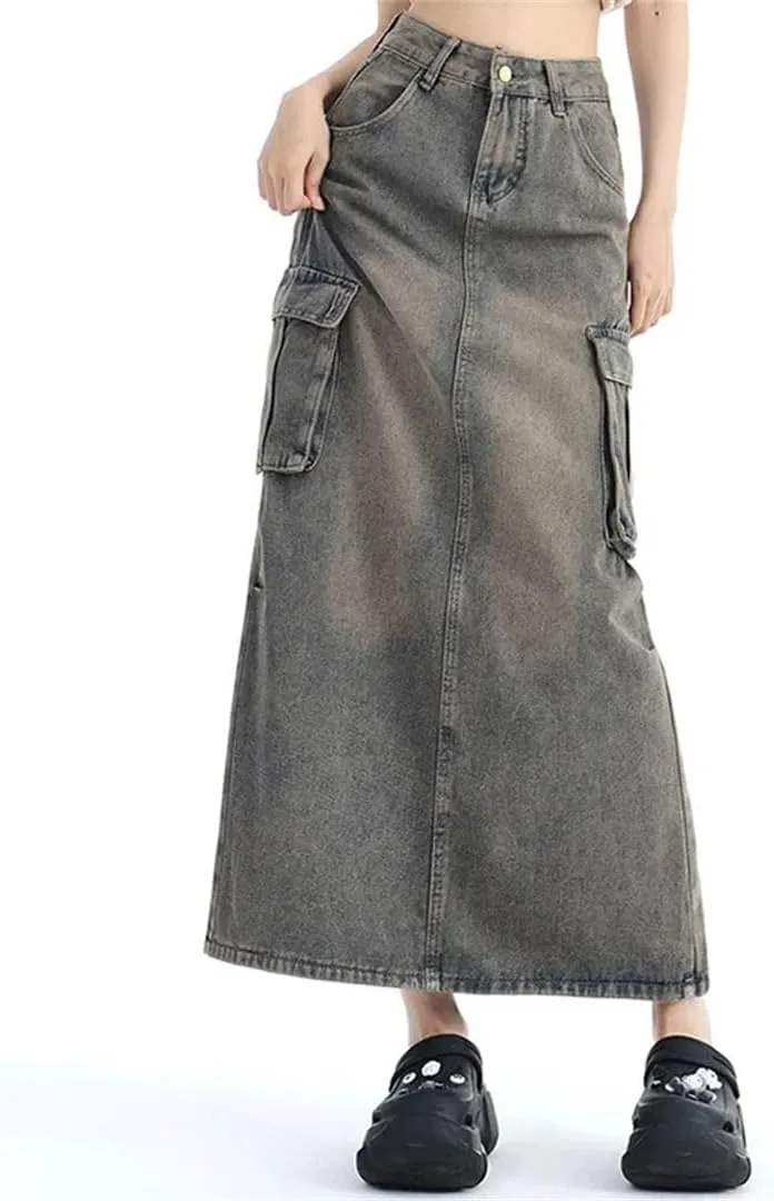 Women High Waist Harajuku Denim A Line Skirt Slit Long Dress Blue Cargo Skirts