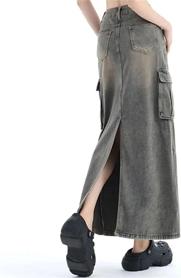 Women High Waist Harajuku Denim A Line Skirt Slit Long Dress Blue Cargo Skirts