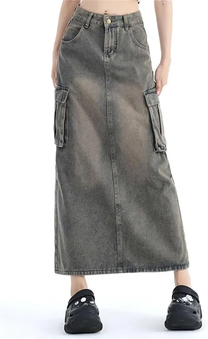 Women High Waist Harajuku Denim A Line Skirt Slit Long Dress Blue Cargo Skirts