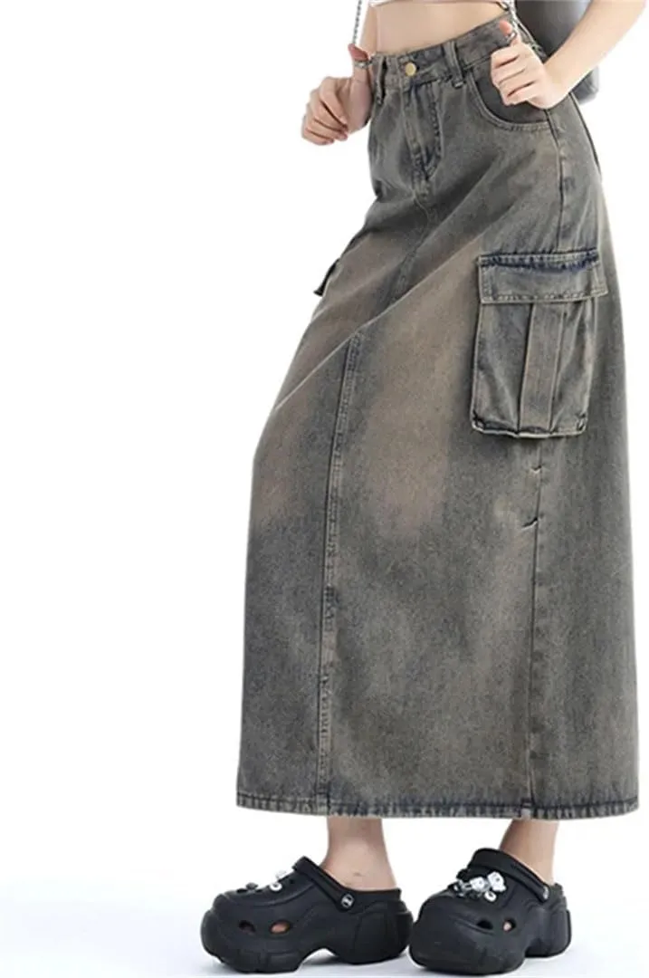 Women High Waist Harajuku Denim A Line Skirt Slit Long Dress Blue Cargo Skirts