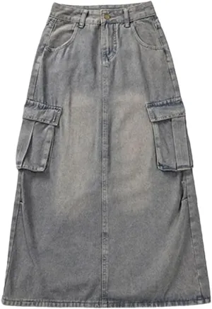 Women High Waist Harajuku Denim A Line Skirt Slit Long Dress Blue Cargo Skirts