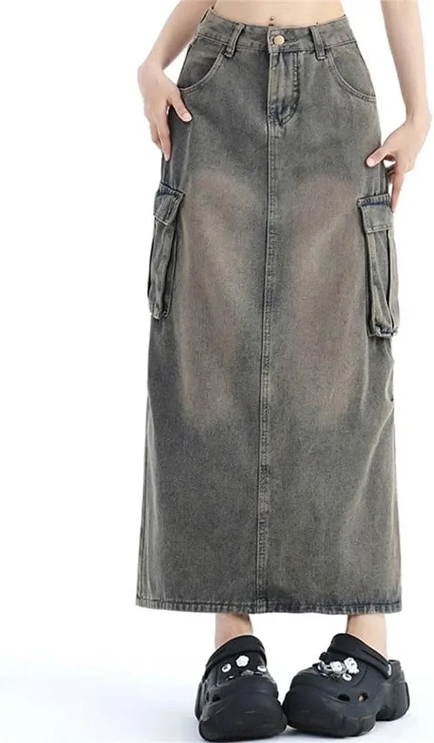 Women High Waist Harajuku Denim A Line Skirt Slit Long Dress Blue Cargo Skirts