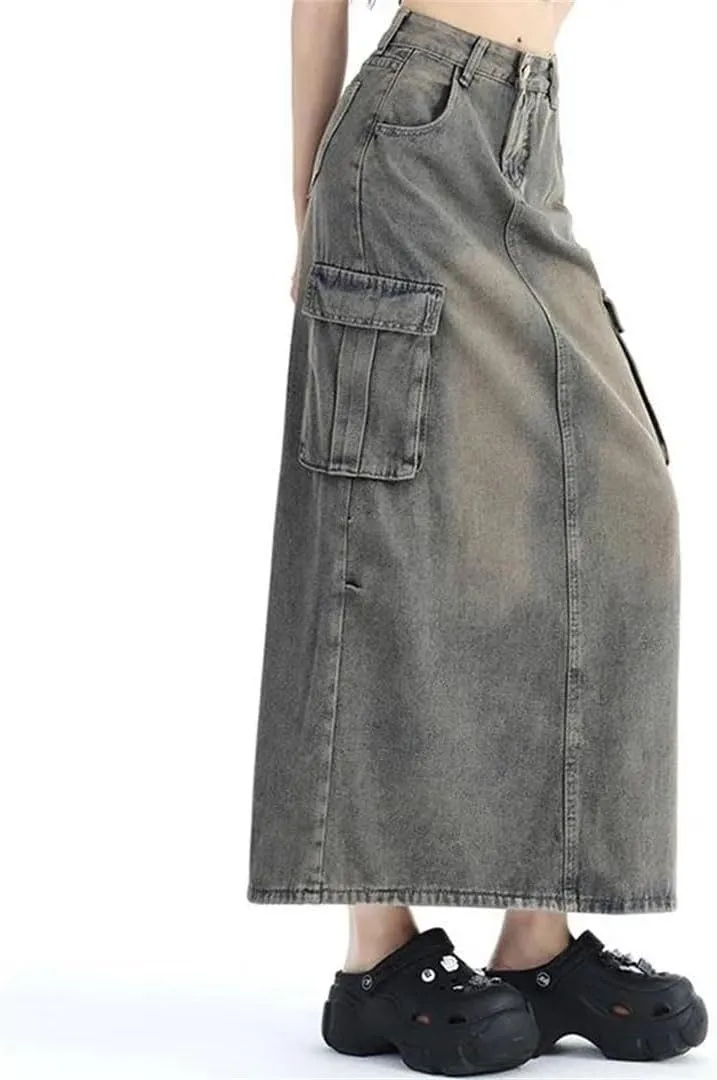 Women High Waist Harajuku Denim A Line Skirt Slit Long Dress Blue Cargo Skirts