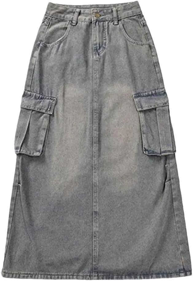 Women High Waist Harajuku Denim A Line Skirt Slit Long Dress Blue Cargo Skirts