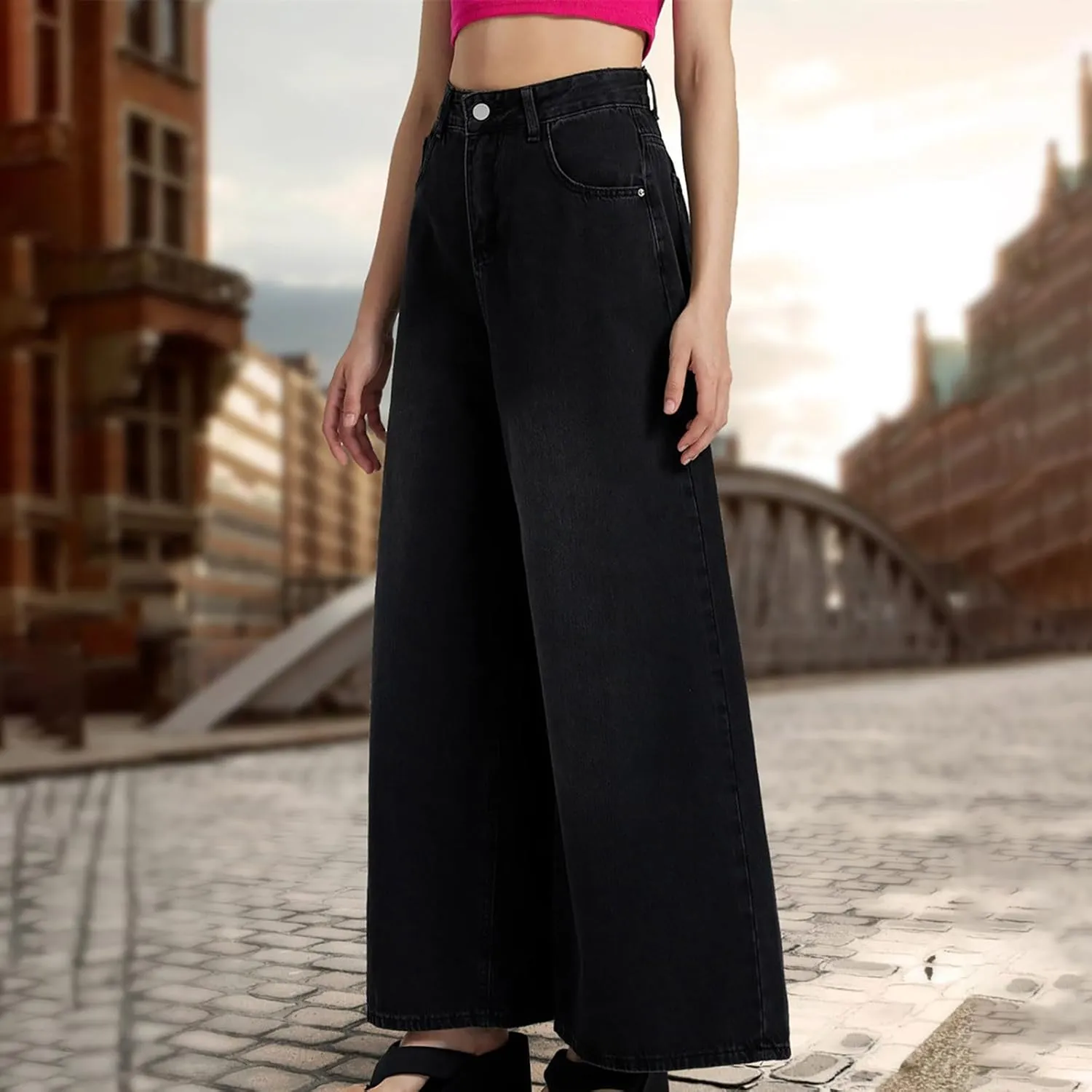 Women High Waisted Wide Leg Jeans Boyfriend Baggy Y2K Denim Pants Loose Palazzo Pants, Women's Trendy Denim Trousers