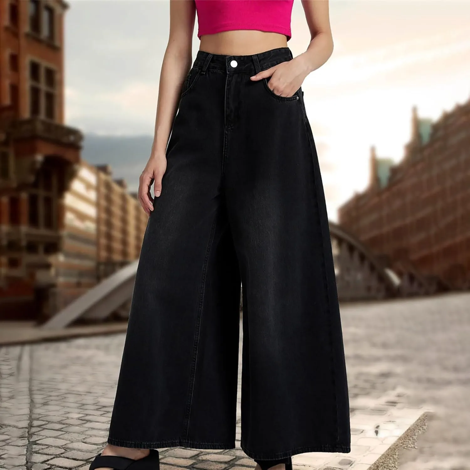 Women High Waisted Wide Leg Jeans Boyfriend Baggy Y2K Denim Pants Loose Palazzo Pants, Women's Trendy Denim Trousers