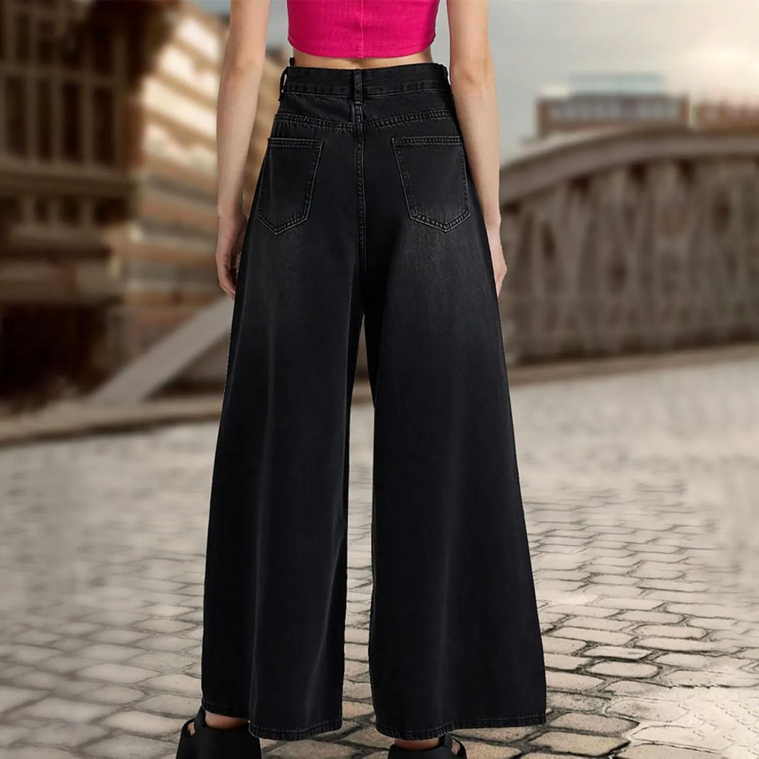 Women High Waisted Wide Leg Jeans Boyfriend Baggy Y2K Denim Pants Loose Palazzo Pants, Women's Trendy Denim Trousers
