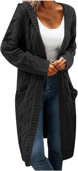 Women Hooded Open Front Cardigan Cable Knit Sweaters Solid Color Long Sleeve Chunky Long Sweater Outerwear Coats