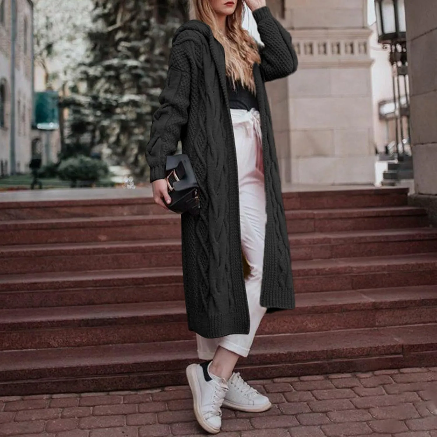 Women Hooded Open Front Cardigan Cable Knit Sweaters Solid Color Long Sleeve Chunky Long Sweater Outerwear Coats