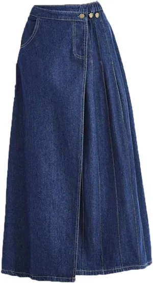 Women Irregular Pleated Denim A Line Skirt Slim High Waist Maxi Denim Skirts