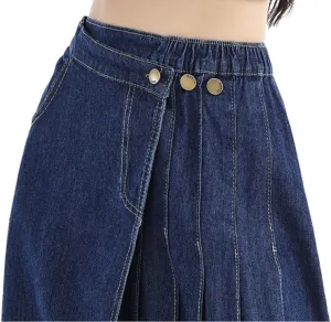 Women Irregular Pleated Denim A Line Skirt Slim High Waist Maxi Denim Skirts