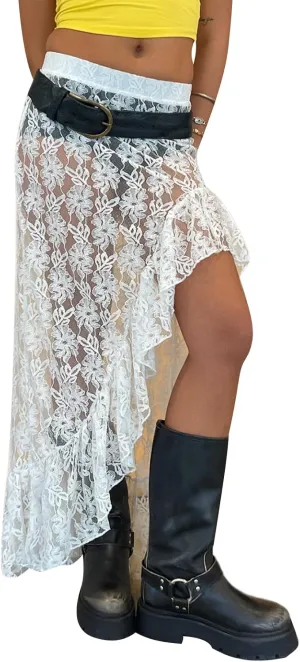 Women Lace Long Skirts Sheer Mesh See Through Midi Skirt Y2K Boho Flowy Skirt Summer Beach Maxi Skirts