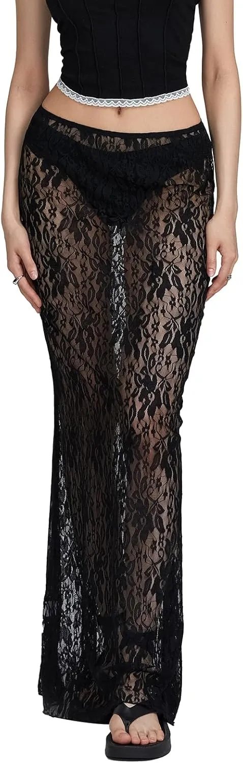 Women Lace Long Skirts Sheer Mesh See Through Midi Skirt Y2K Boho Flowy Skirt Summer Beach Maxi Skirts