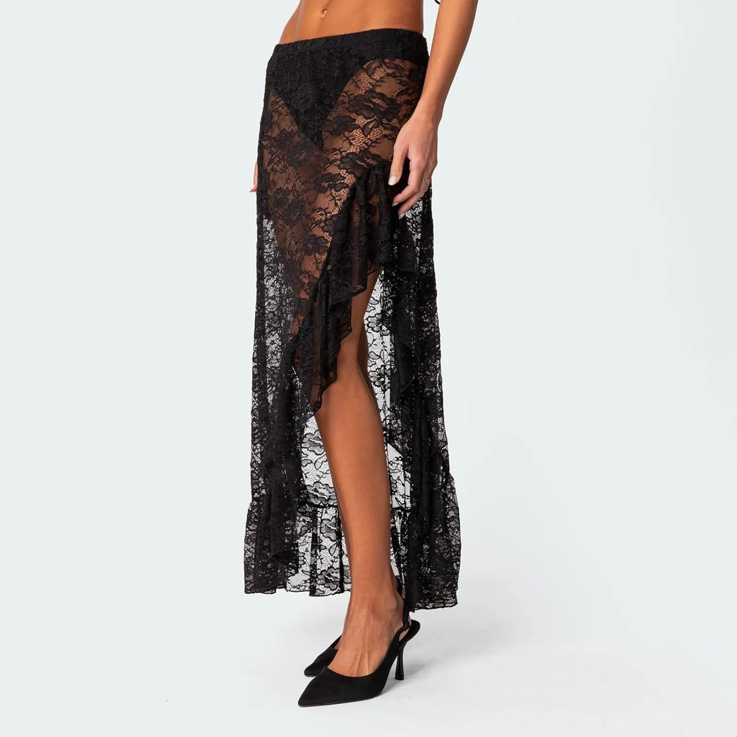 Women Lace Long Skirts Sheer Mesh See Through Midi Skirt Y2K Boho Flowy Skirt Summer Beach Maxi Skirts