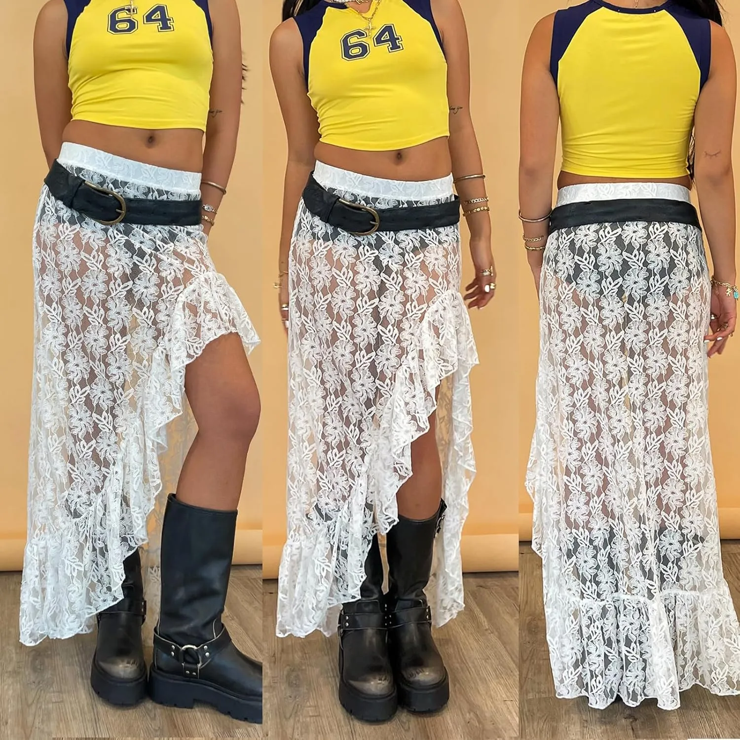 Women Lace Long Skirts Sheer Mesh See Through Midi Skirt Y2K Boho Flowy Skirt Summer Beach Maxi Skirts