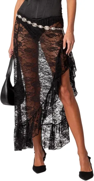 Women Lace Long Skirts Sheer Mesh See Through Midi Skirt Y2K Boho Flowy Skirt Summer Beach Maxi Skirts