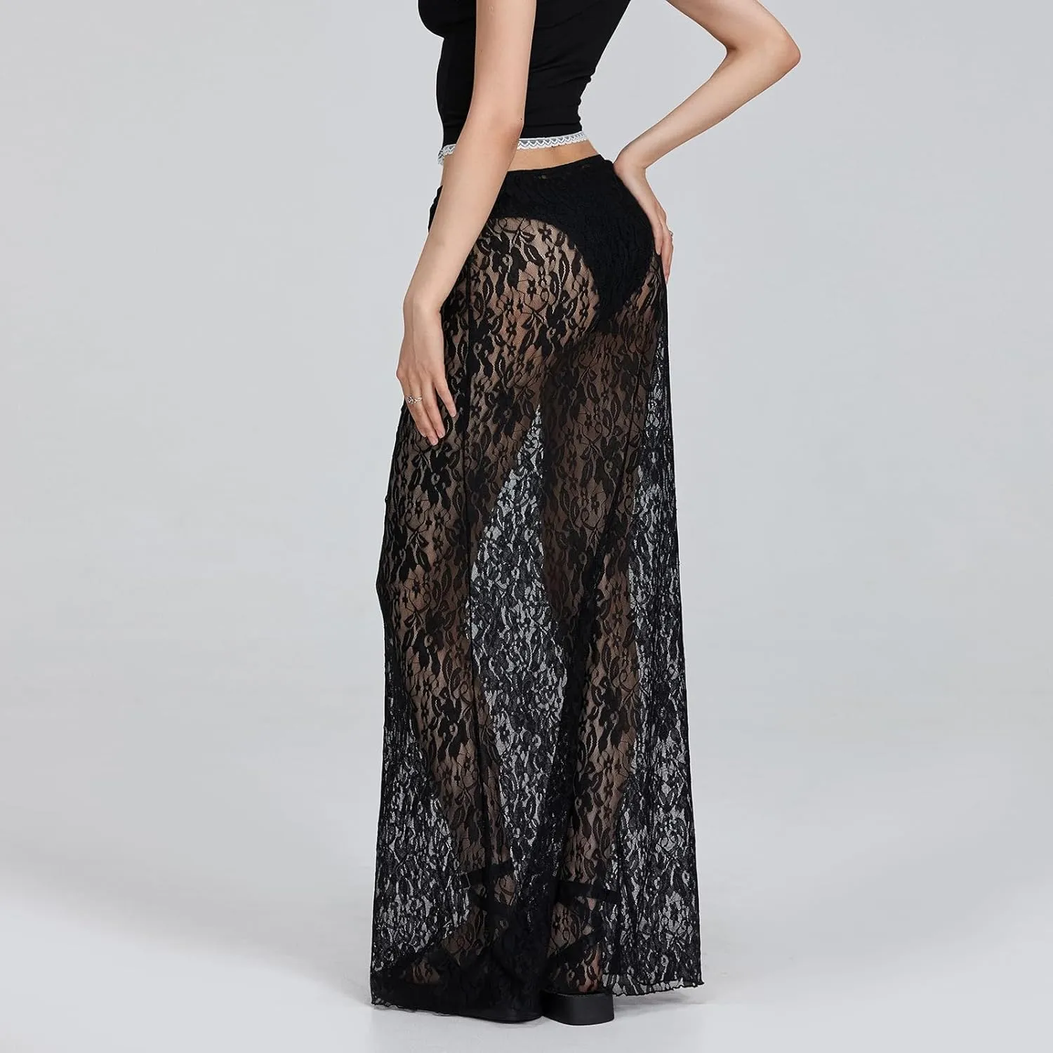 Women Lace Long Skirts Sheer Mesh See Through Midi Skirt Y2K Boho Flowy Skirt Summer Beach Maxi Skirts