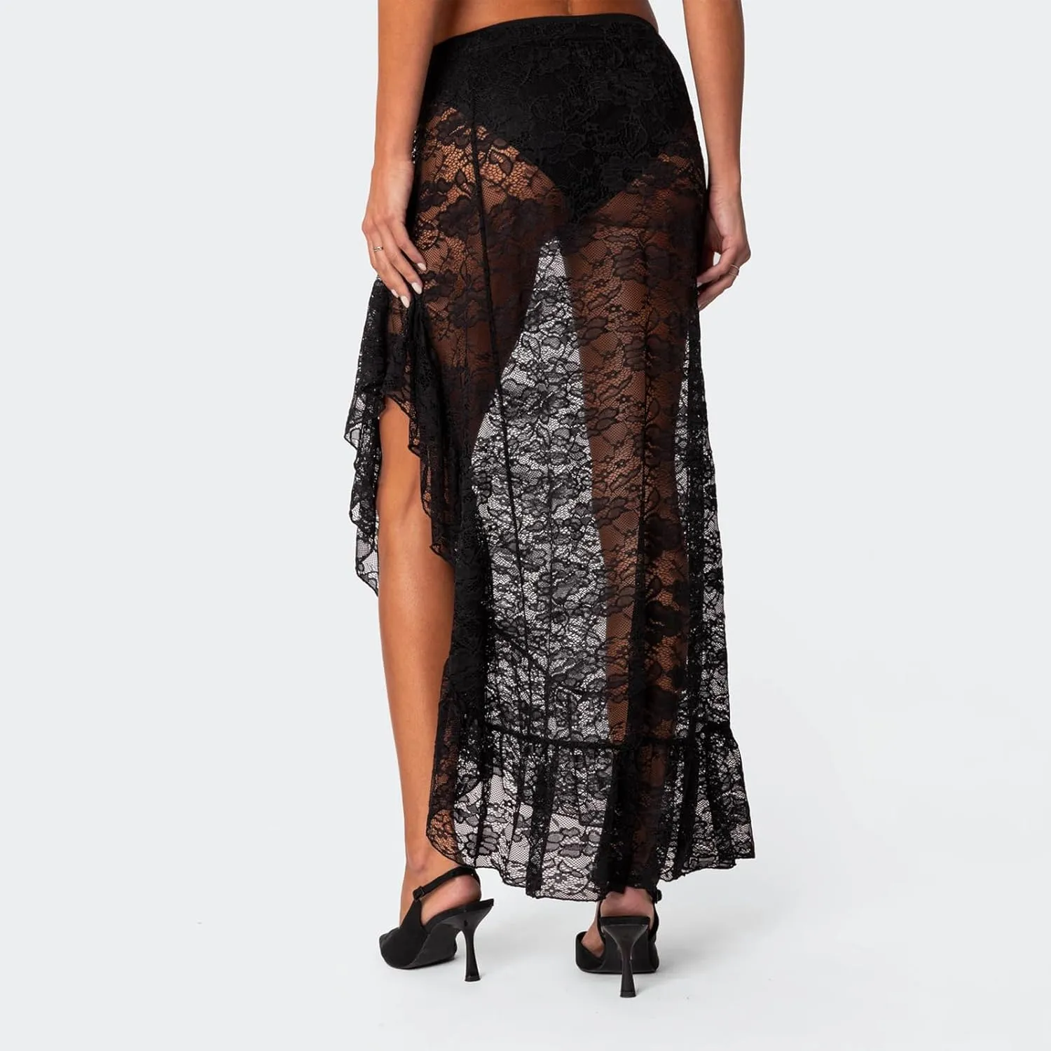 Women Lace Long Skirts Sheer Mesh See Through Midi Skirt Y2K Boho Flowy Skirt Summer Beach Maxi Skirts
