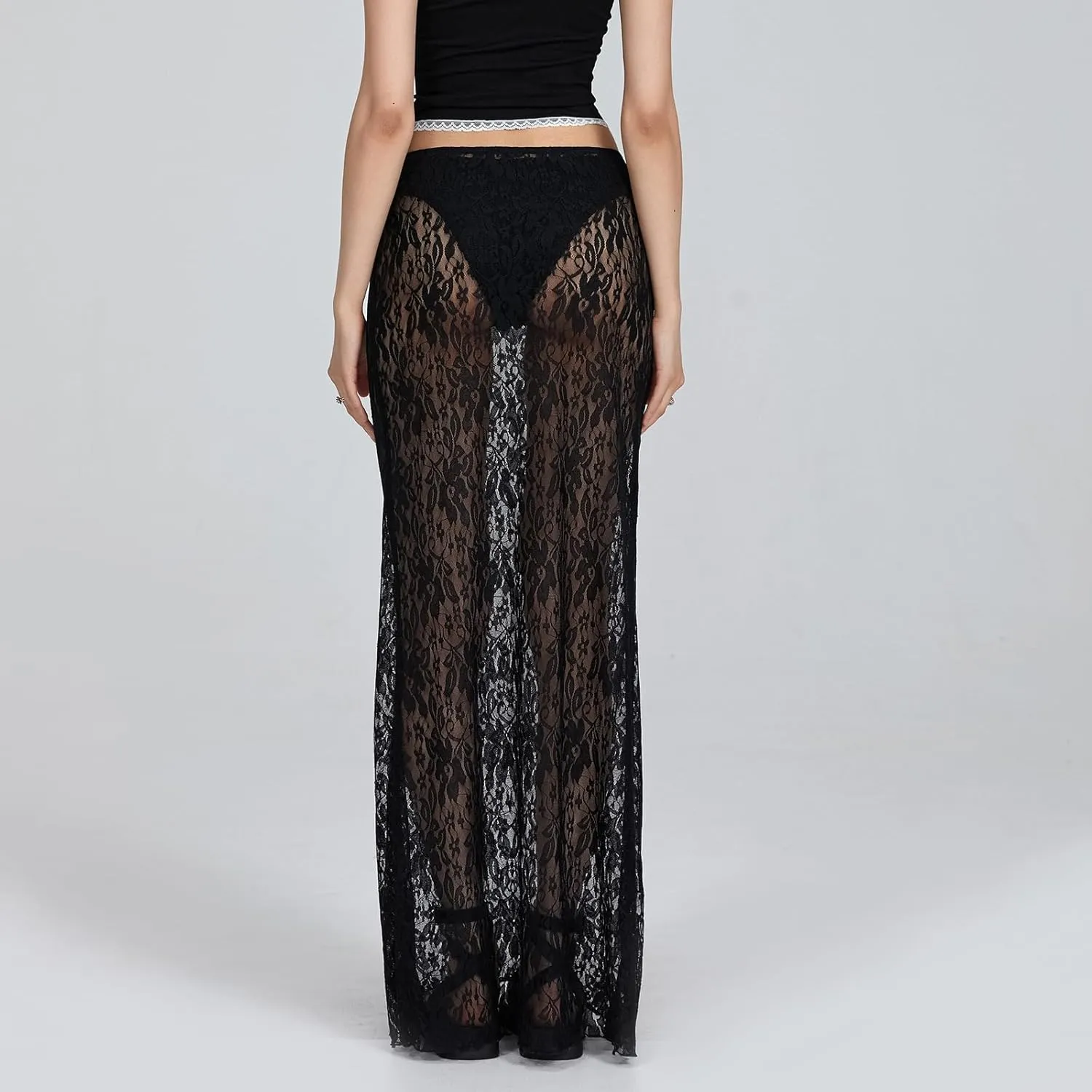 Women Lace Long Skirts Sheer Mesh See Through Midi Skirt Y2K Boho Flowy Skirt Summer Beach Maxi Skirts