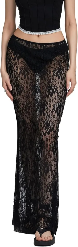Women Lace Long Skirts Sheer Mesh See Through Midi Skirt Y2K Boho Flowy Skirt Summer Beach Maxi Skirts