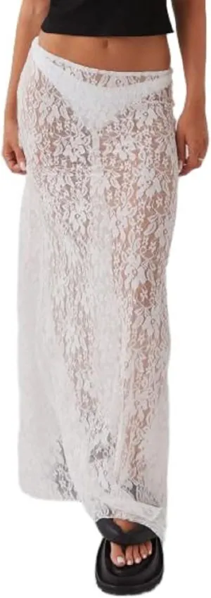 Women Lace Long Skirts Sheer Mesh See Through Midi Skirt Y2K Boho Flowy Skirt Summer Beach Maxi Skirts