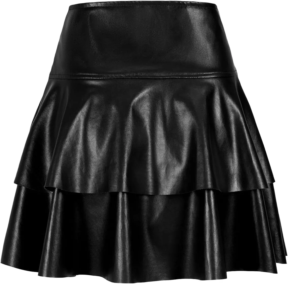 Women Leather Mini Skirt Classic High Waist Pleated Skirt PU Ruffle Flare Short Skirts Y2K Cute Streetwear