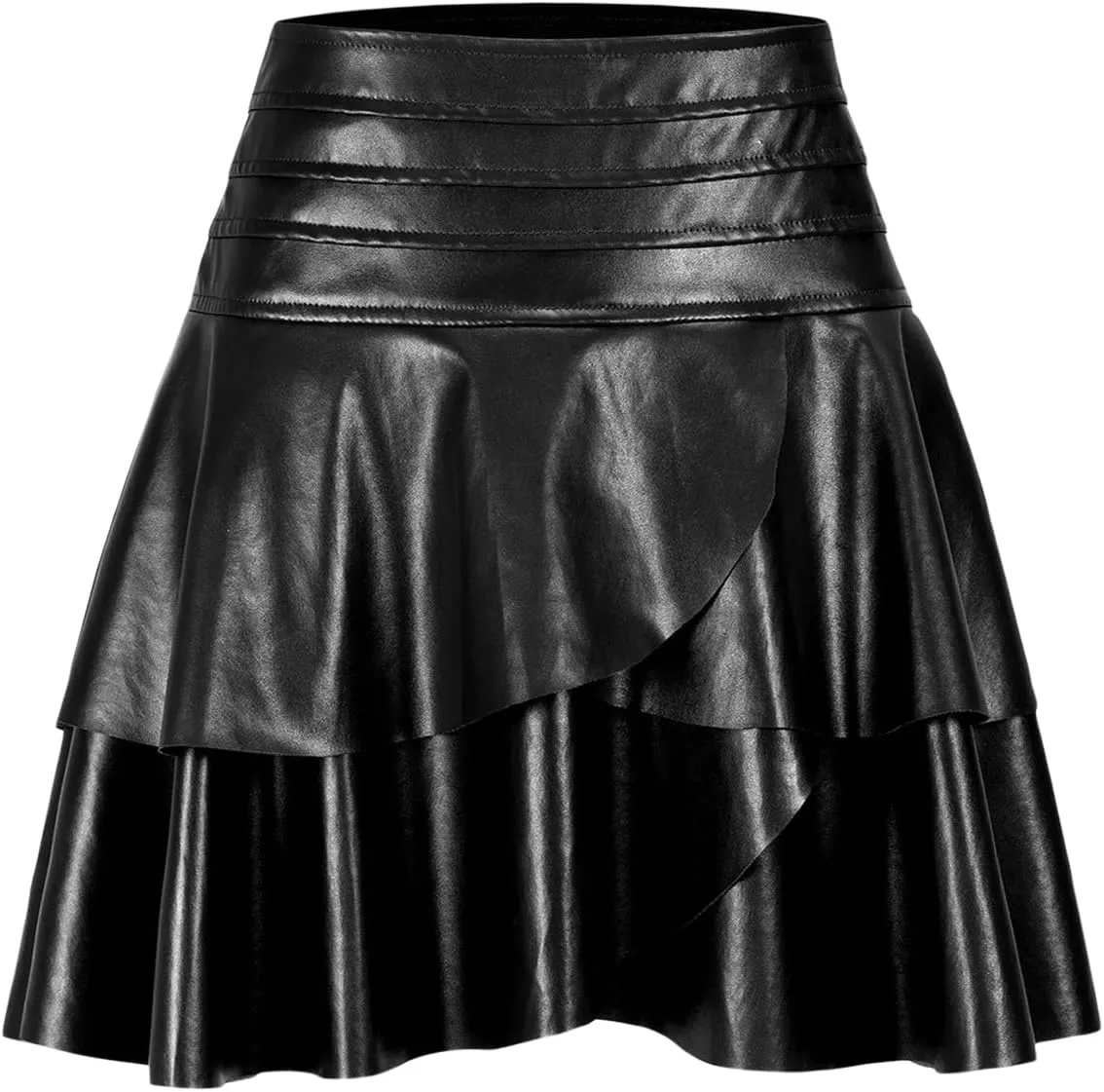 Women Leather Mini Skirt Classic High Waist Pleated Skirt PU Ruffle Flare Short Skirts Y2K Cute Streetwear