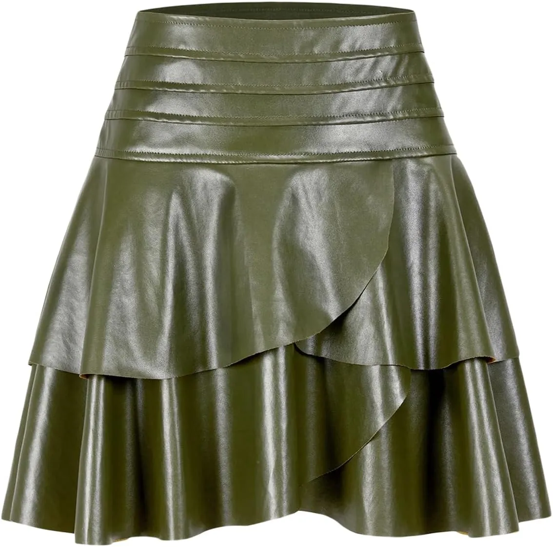 Women Leather Mini Skirt Classic High Waist Pleated Skirt PU Ruffle Flare Short Skirts Y2K Cute Streetwear
