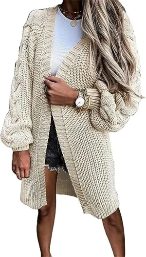Women Long Sleeve Open Front Cardigan Sweaters Lantern Sleeve Long Sweater Outwear Fashion Warm Cable Knit Cardigans