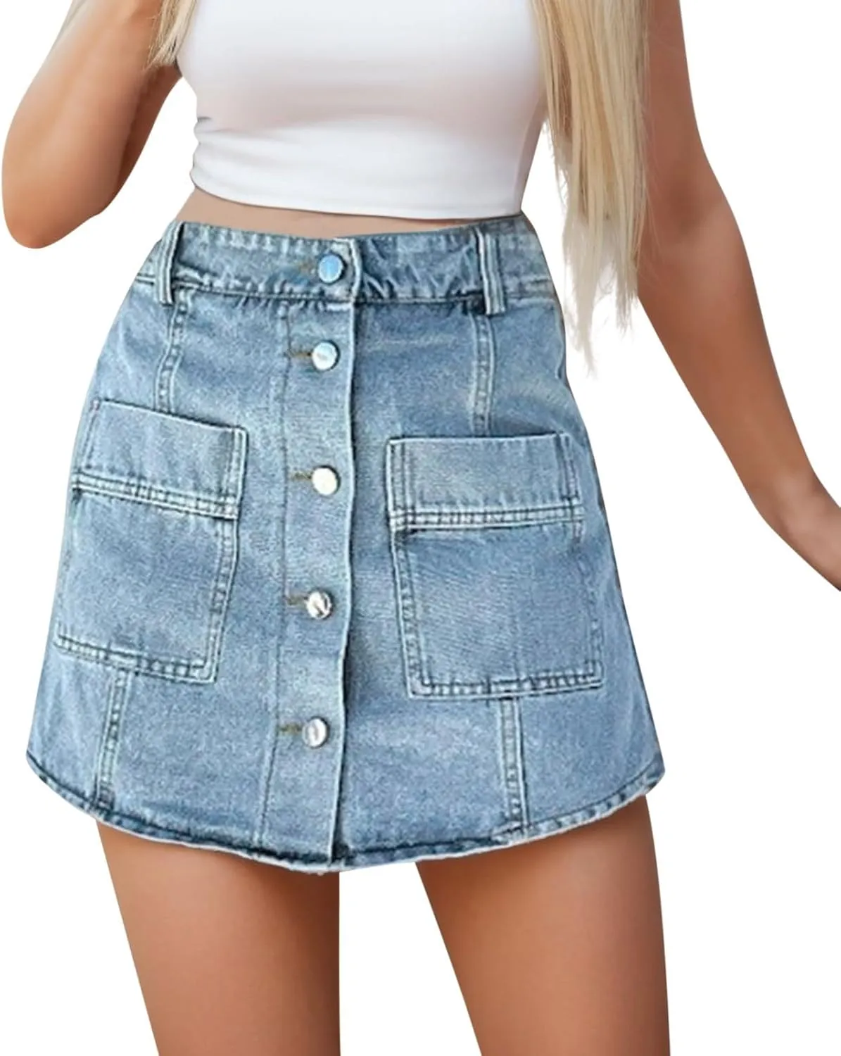 Women Midi Skirt Elastic High Waist A-Line Button Front Denim Skort Hem Skirt Shorts Mini Skirts