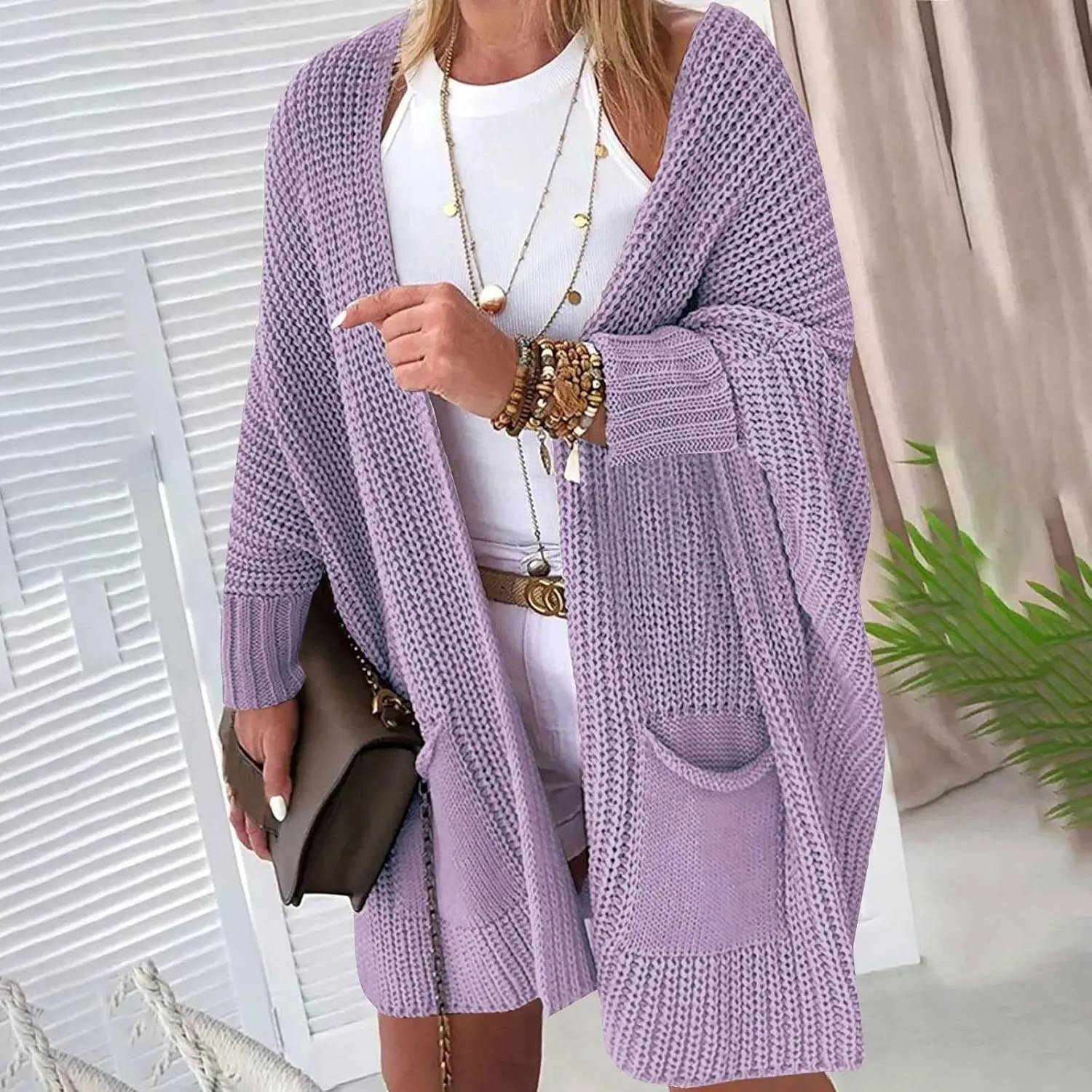 Women Oversized Long Cardigans Sweater Batwing Sleeve Open Front Chunky Knit Coat Fall Winter Outwear with Pockets