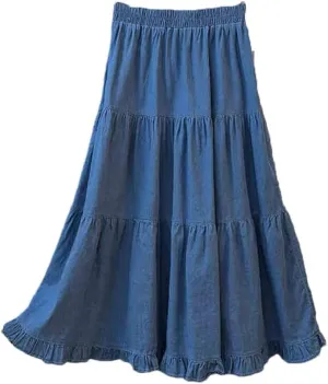 Women Ruffles A-Line Denim Skirts Women Elastic High Waist Pleated Skirt