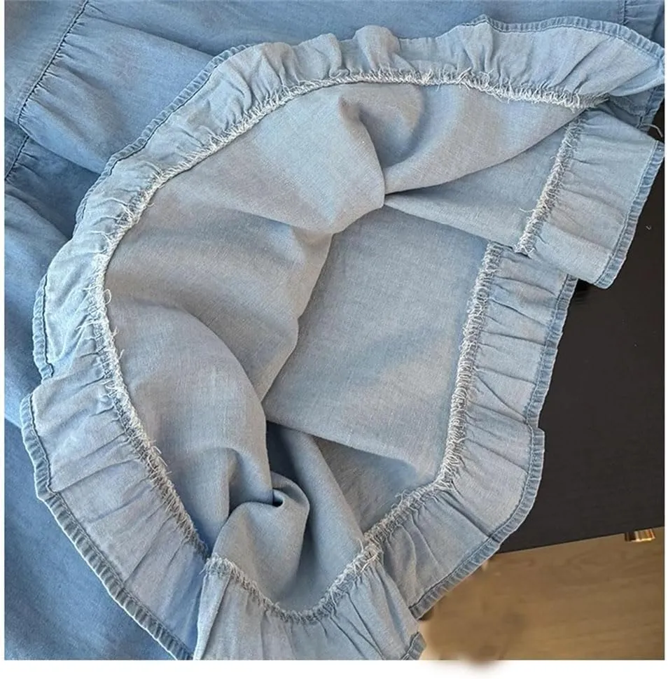 Women Ruffles A-Line Denim Skirts Women Elastic High Waist Pleated Skirt