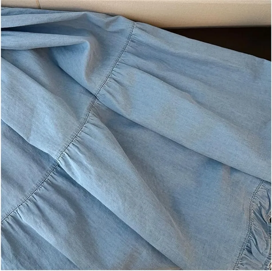 Women Ruffles A-Line Denim Skirts Women Elastic High Waist Pleated Skirt