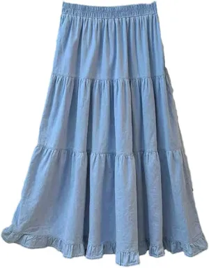 Women Ruffles A-Line Denim Skirts Women Elastic High Waist Pleated Skirt