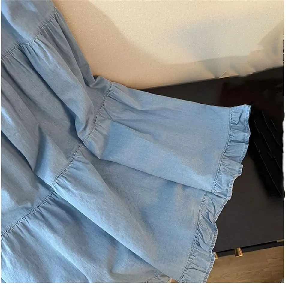 Women Ruffles A-Line Denim Skirts Women Elastic High Waist Pleated Skirt
