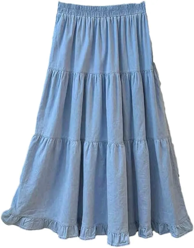 Women Ruffles A-Line Denim Skirts Women Elastic High Waist Pleated Skirt