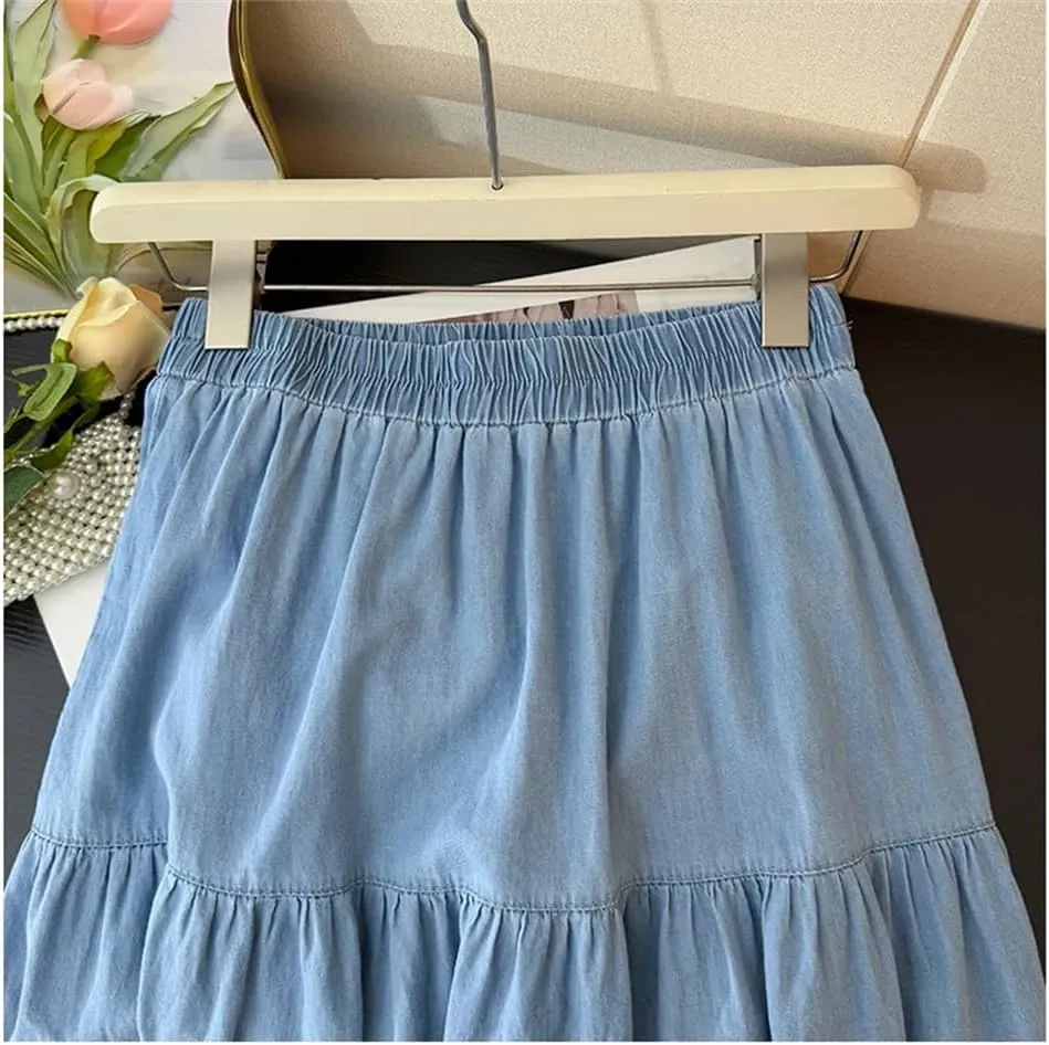 Women Ruffles A-Line Denim Skirts Women Elastic High Waist Pleated Skirt