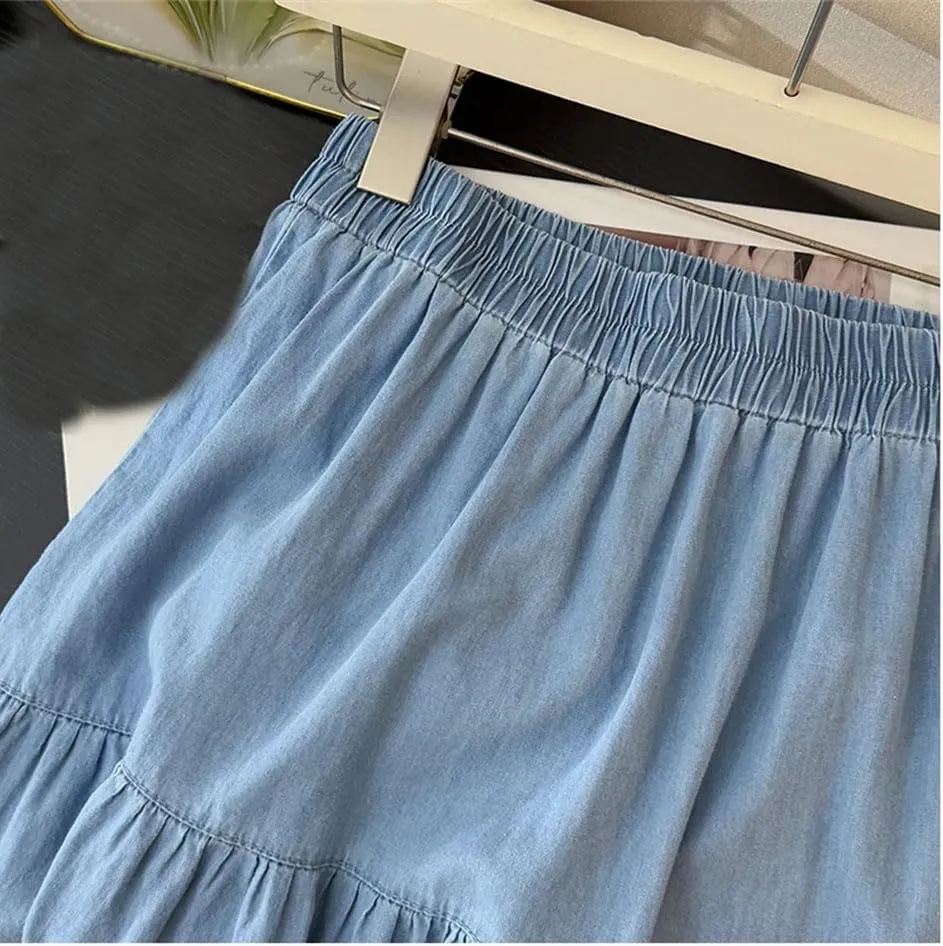 Women Ruffles A-Line Denim Skirts Women Elastic High Waist Pleated Skirt