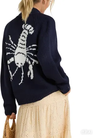 Women Shawl Collar Cardigan Sweater Lobster Print Long Sleeve Button Down Jumper Tops Vintage Chunky Knit Coat