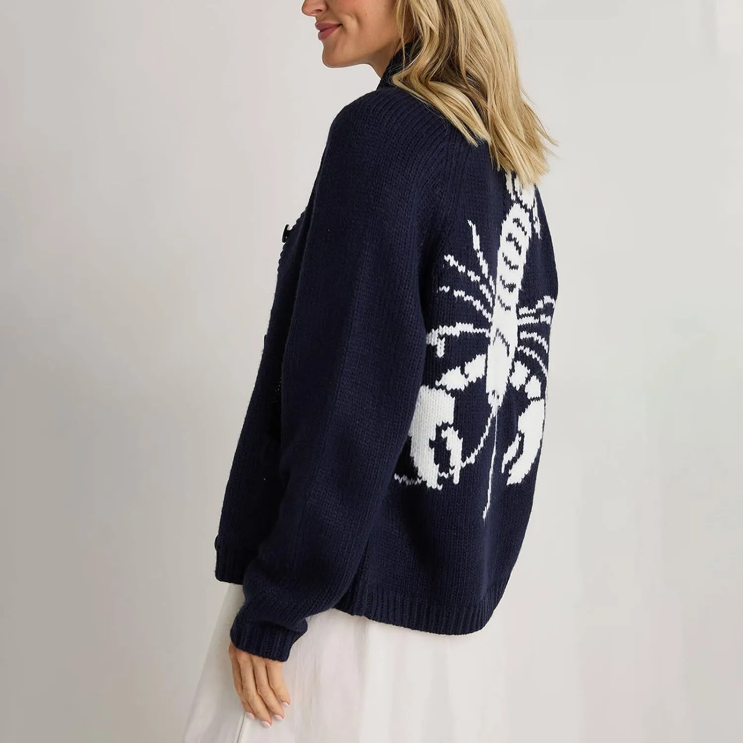Women Shawl Collar Cardigan Sweater Lobster Print Long Sleeve Button Down Jumper Tops Vintage Chunky Knit Coat