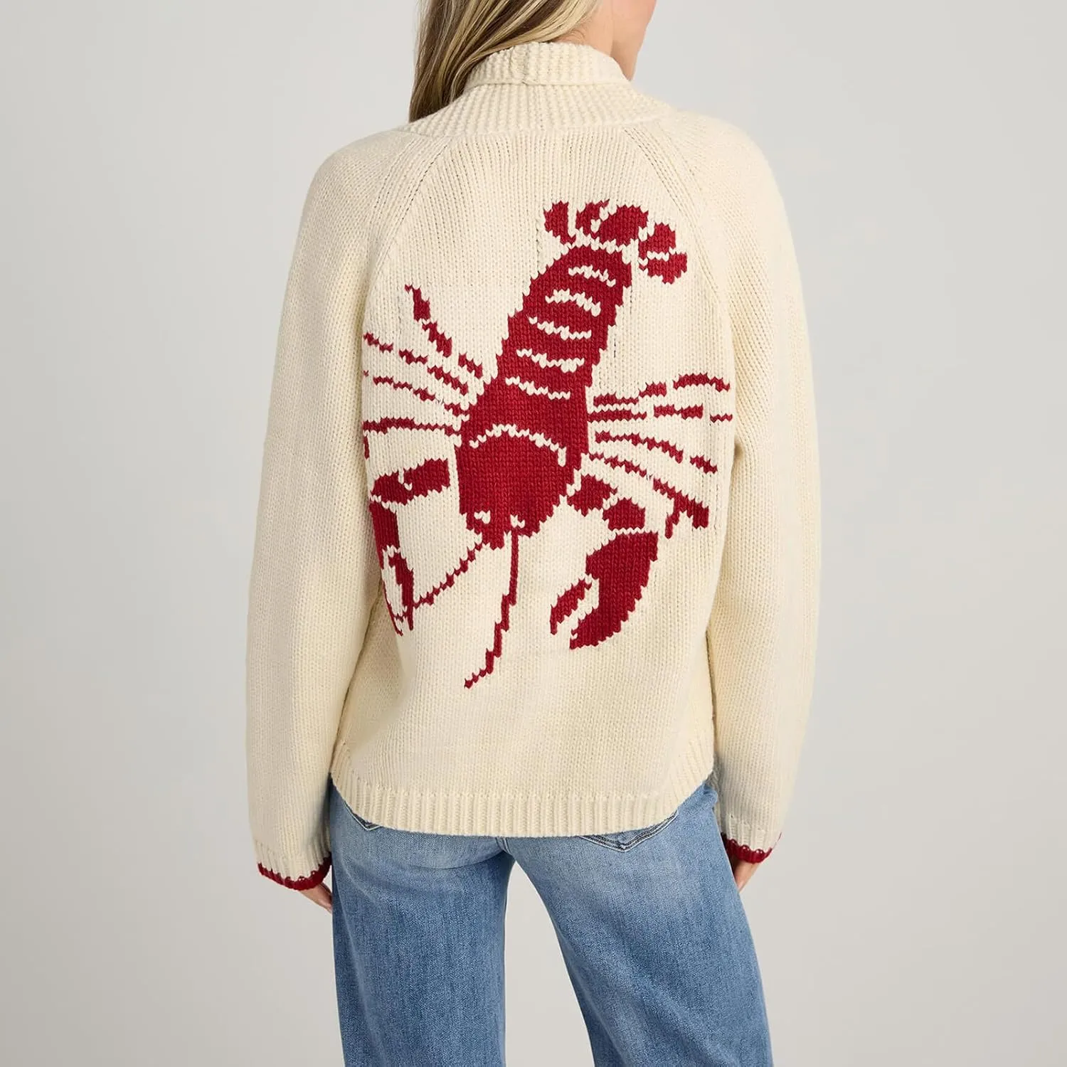 Women Shawl Collar Cardigan Sweater Lobster Print Long Sleeve Button Down Jumper Tops Vintage Chunky Knit Coat