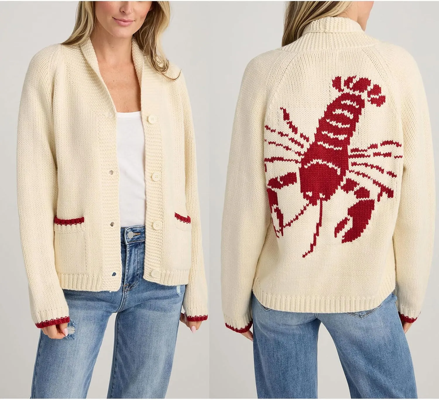 Women Shawl Collar Cardigan Sweater Lobster Print Long Sleeve Button Down Jumper Tops Vintage Chunky Knit Coat