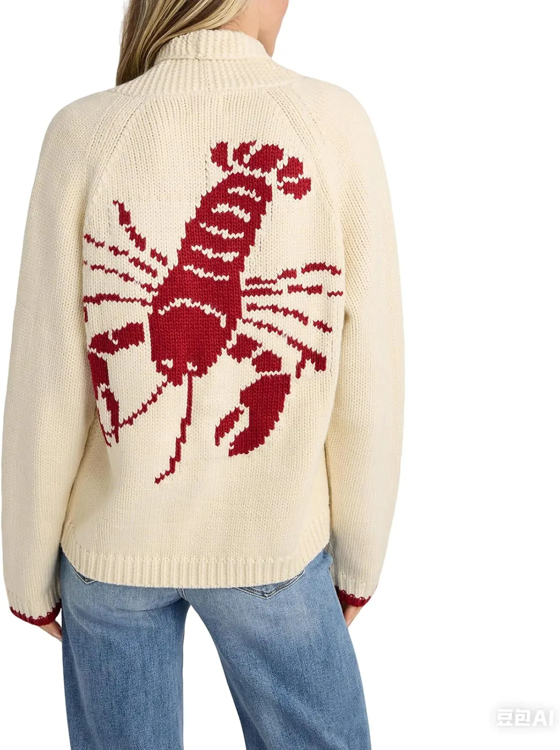 Women Shawl Collar Cardigan Sweater Lobster Print Long Sleeve Button Down Jumper Tops Vintage Chunky Knit Coat